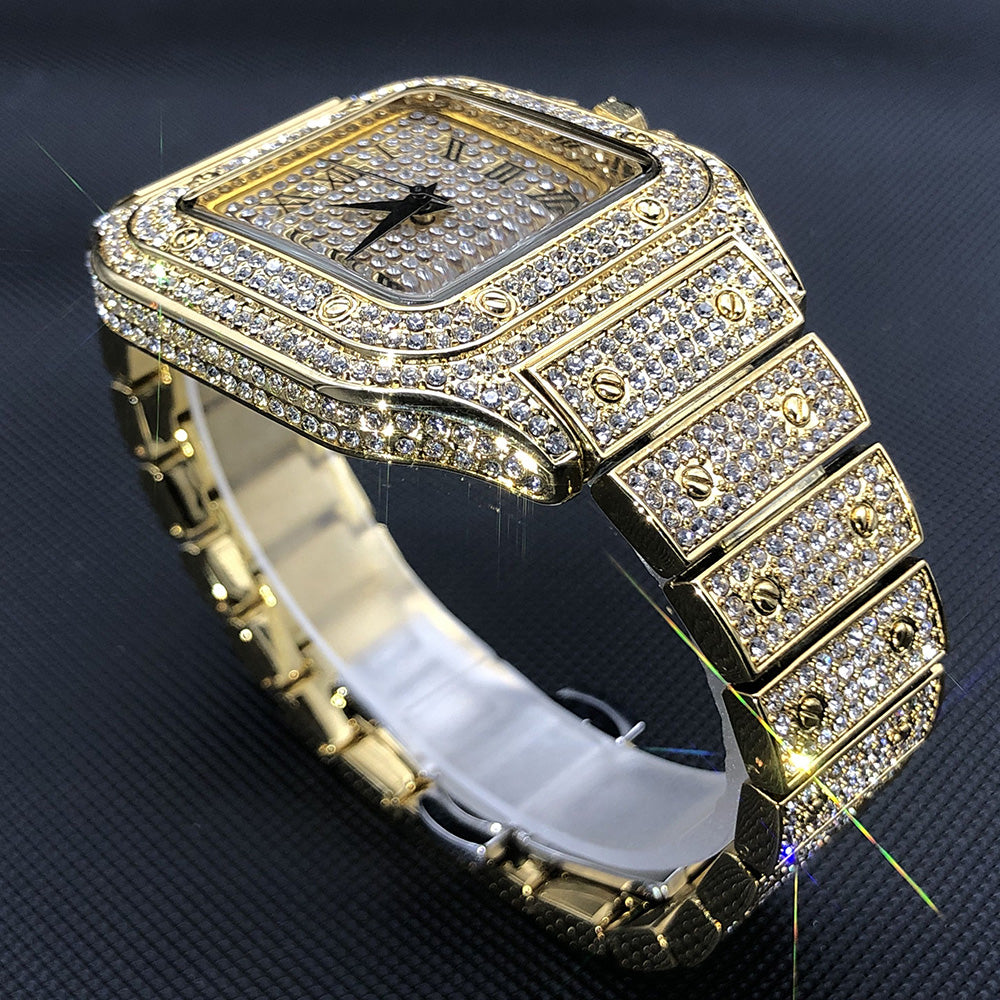 MISSFOX Hip Hop Square Watches for Men Luxury Full Diamond Iced Out
