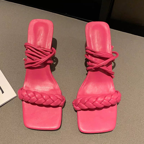 Women Sandals Mid Heels Band Square Toe PU Leather Consice Solid Shoes