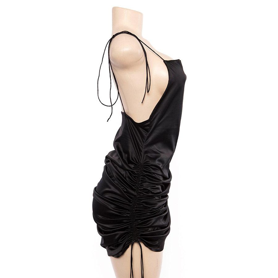 Satin Jacquard Cowl Neck String Along Mini Dress Side Ruched Silky