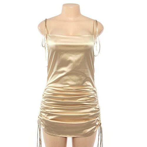 Satin Jacquard Cowl Neck String Along Mini Dress Side Ruched Silky