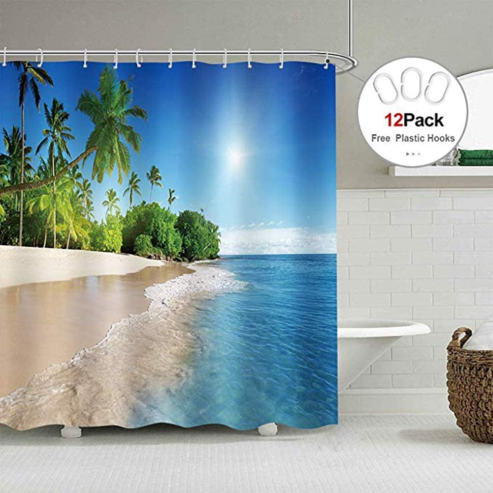 Imikoko Shower Curtain, Beach Shower Curtains for Bathroom, Bath Fantastic Decorations Waterproof Polyester Fabric Bathroom Shower Curtain Liner with Hooks, 72 X 72 Inch