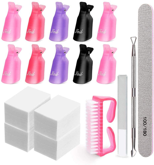 Nail Polish Gel Remover Tools Kit,Morgles 10Pcs Gel Clip Remover 300 Pack Nail Wipe Cotton Pads Nail Files 100/180 Nano Glass Nail File Stainless Steel Cuticle Peeler and Nail Brush (Muti-Colour)