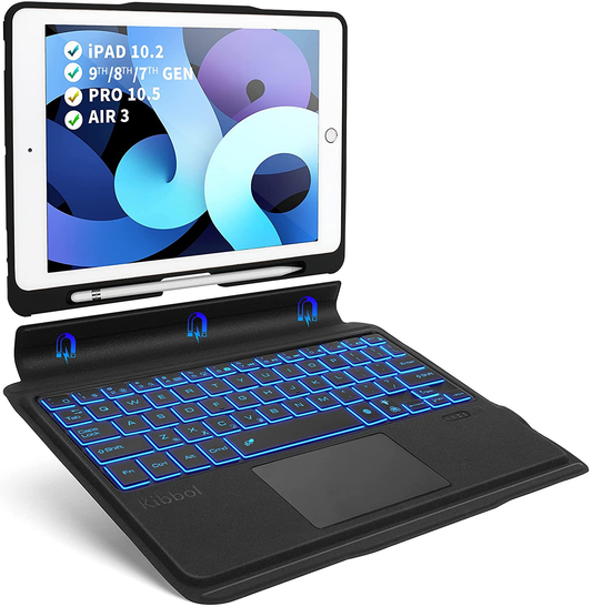 Kibbol Touchpad Ipad Keyboard Case for Ipad 10.2" 9Th Generation (2021)/8Th/7Th Gen, Pro 10.5, Air 3 - Precisive Trackpad, 7-Color Backlit, Easy Pairing - Detachable Bluetooth Keyboard Folio (Black)