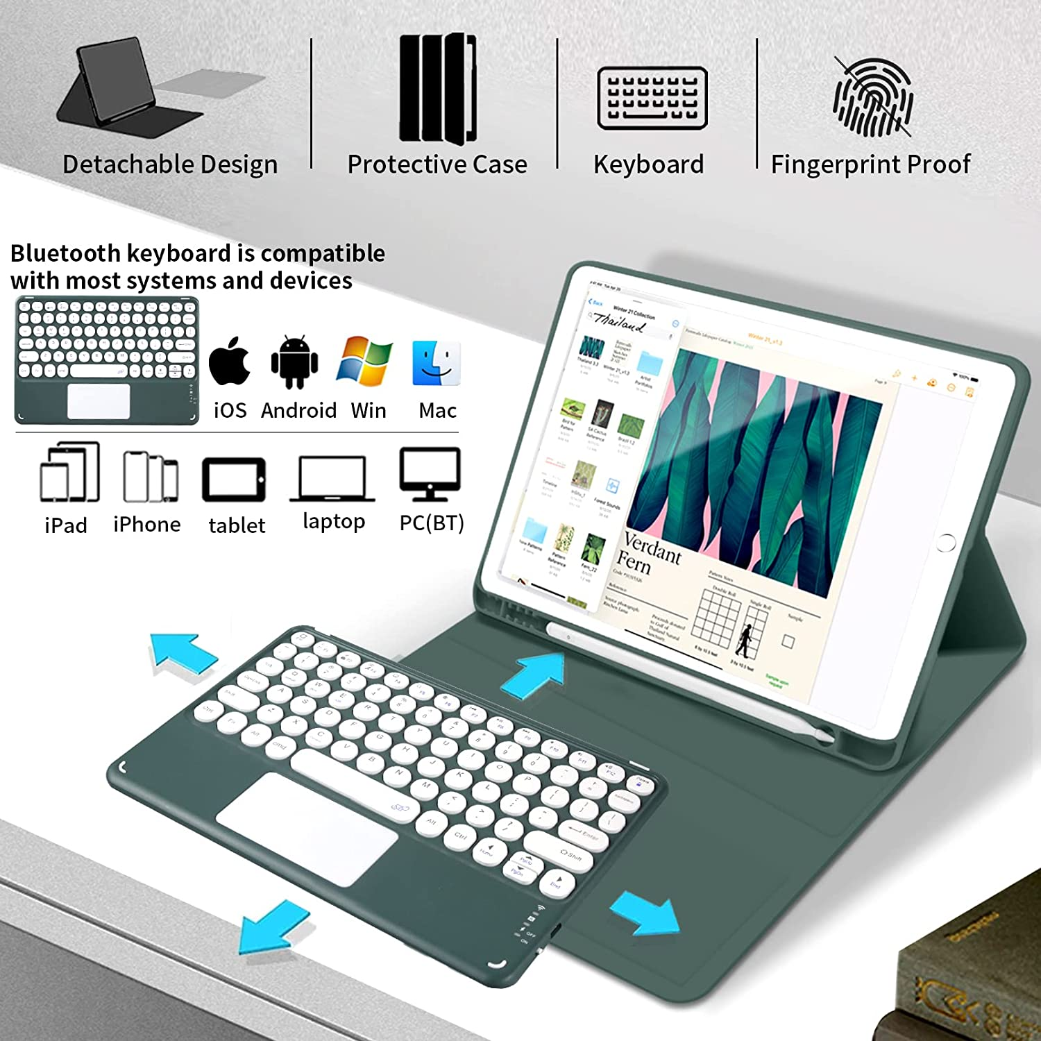 JKSML Touchpad round Key Keyboard Case for Ipad 9Th/8Th/7Th Generation with Pencil Holder,Magnetically Detachable Wireless Bluetooth Keyboard Cover for Ipad 10.2 Inch (2021/2020/2019 Model), Purple