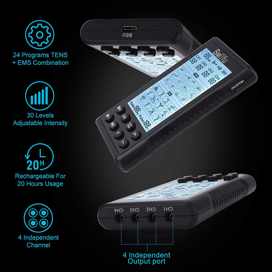 Belifu 4 Independent Channel TENS EMS Unit, 24 Modes,30 Level Intensity Muscle Stimulator Machine, Rechargeable Electric Pulse Massager with 10 Pads&5 Set Leads Wires, for Pain Relief Therapy