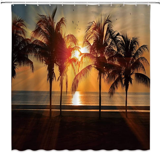 Ocean Beach Shower Curtain Tropical Hawaiian Palm Trees Flying Birds Sunrise Nature Landscape Summer Sea Coastal Seaside Sunset Scenic Polyester Fabric Bathroom Curtain 108 X 70 Inch with Hook Hole