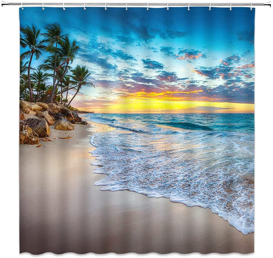 Surfboard Shower Curtain Retro Tour Bus Beach RV Camping Palm Tree Blue Sky White Clouds Summer Holiday Vacation Coastal Traveling Polyester Fabric Bathroom Curtain 80 X 70 Inch with Hook Hole
