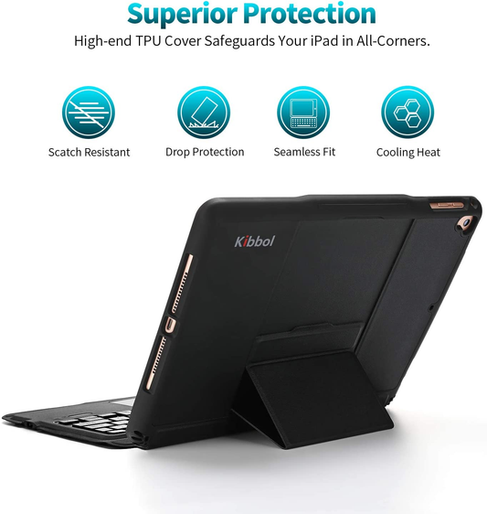 Kibbol Detachable Keyboard Case for Ipad 9.7", Bluetooth 5, One-Step Pairing, 60-Hour Typetime, 7-Color Backlit, Precisive Touchpad, Lightweight Keyboard Folio for Ipad (6 Gen & 5 Gen), Air 2 (Black)