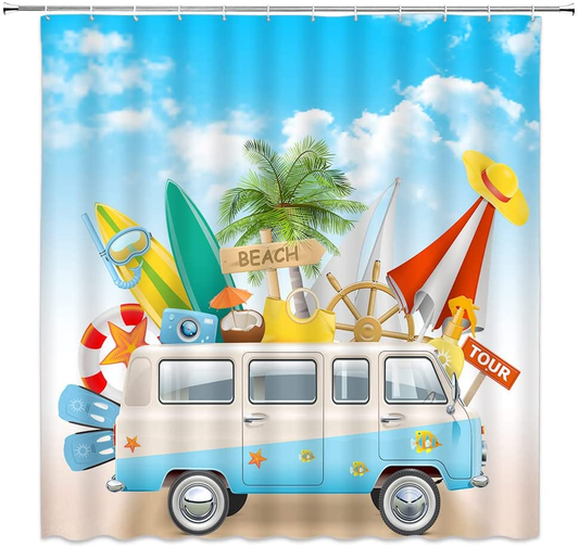 Surfboard Shower Curtain Retro Tour Bus Beach RV Camping Palm Tree Blue Sky White Clouds Summer Holiday Vacation Coastal Traveling Polyester Fabric Bathroom Curtain 90 X 70 Inch with Hook Hole