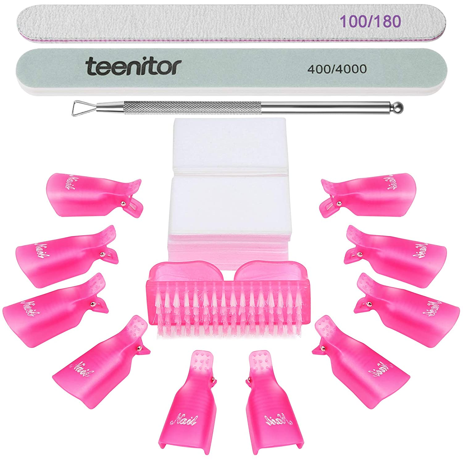 Teenitor Gel Nail Polish Remover Kit with 10Pcs Nail Polish Remover Clips Cap 115Pcs Nail Wipe Cotton Pads Nail Scraper Nail Files and Buffer Bushes - Hot Red