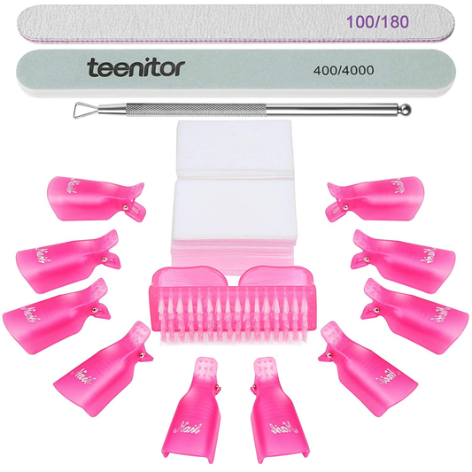 Teenitor Gel Nail Polish Remover Kit with 10Pcs Nail Polish Remover Clips Cap 115Pcs Nail Wipe Cotton Pads Nail Scraper Nail Files and Buffer Bushes - Hot Red