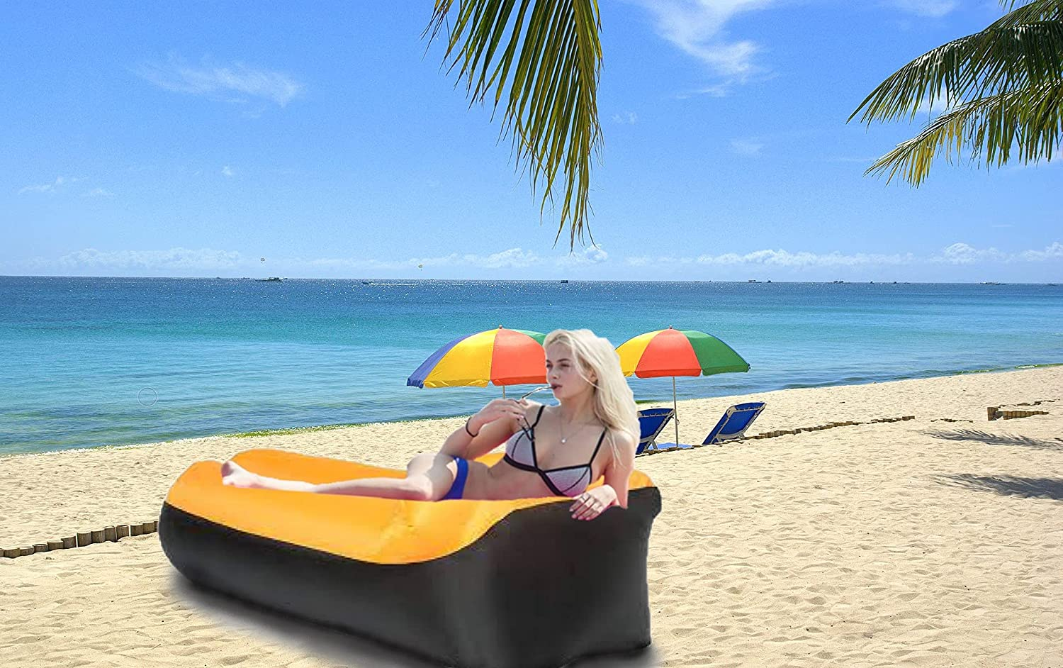 Finehouse Inflatable Air Lounger, Air Sofa, Water Proof, Anti-Air Leaking, Side Pouches, Suitable for Beach, Park or Backyard (Black and Yellow)