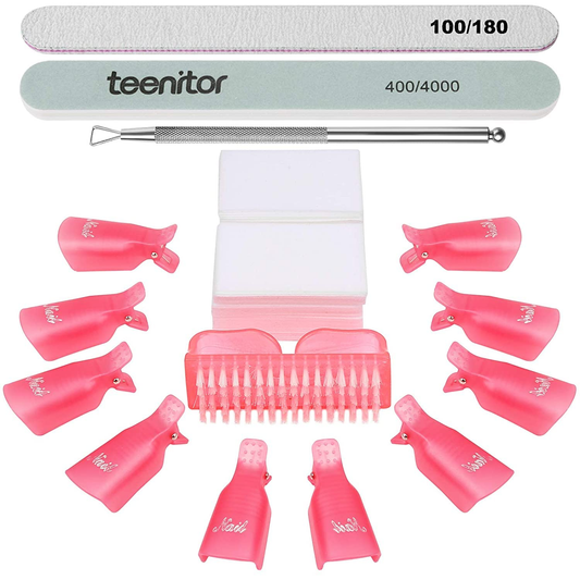 Teenitor Nail Polish Gel Remover Tools Kit with Nail Clips Nail Remover Pads Cuticle Pusher Nail Brushes Nail File Grits 120/180 Buffer Block Grits 400/4000, 6 Pack