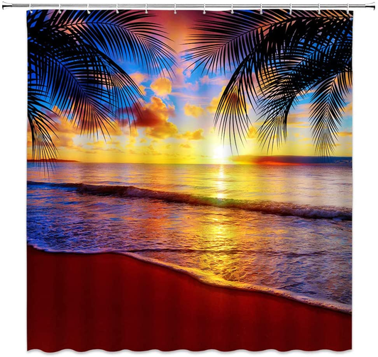 Ocean Beach Shower Curtain Tropical Hawaiian Sunrise Landscape Palm Leaves Sea Blue Sky Summer Coastal Seaside Sunset Scenic Polyester Fabric Bathroom Curtain 70 X 70 Inch with Hook Hole