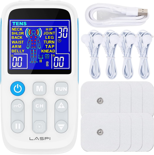 TENS EMS Unit Muscle Stimulator - Four Channel Rechargeable TENS Unit Machine Electronic Pulse Massager 20 Modes with 8 Pads for Pain Relief Therapy