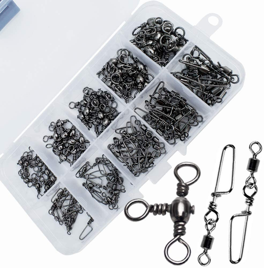 Drasry 100PCS Rolling Fishing Swivels Set High Strength Black Nickel Connector Three Way Swivels and Snap Connectors Kit for Saltwater Freshwater, 5 Size