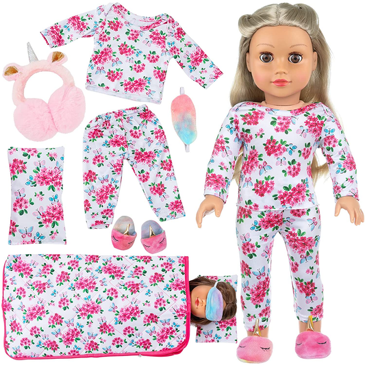 K.T. Fancy 8 PCS American 18 Inch Girl Doll Accessories Sleeping Bag Set Butterfly Flower of Sleeping Bag Clothes Pillow Pink Eye Mask Slipper&Earmuffs