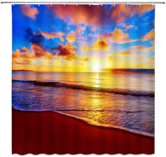 Ocean Beach Shower Curtain Tropical Hawaiian Sunrise Landscape Sea Blue Sky Coastal Seaside Sunset Scenic Polyester Fabric Bathroom Curtain 90 X 70 Inch with Hook Hole