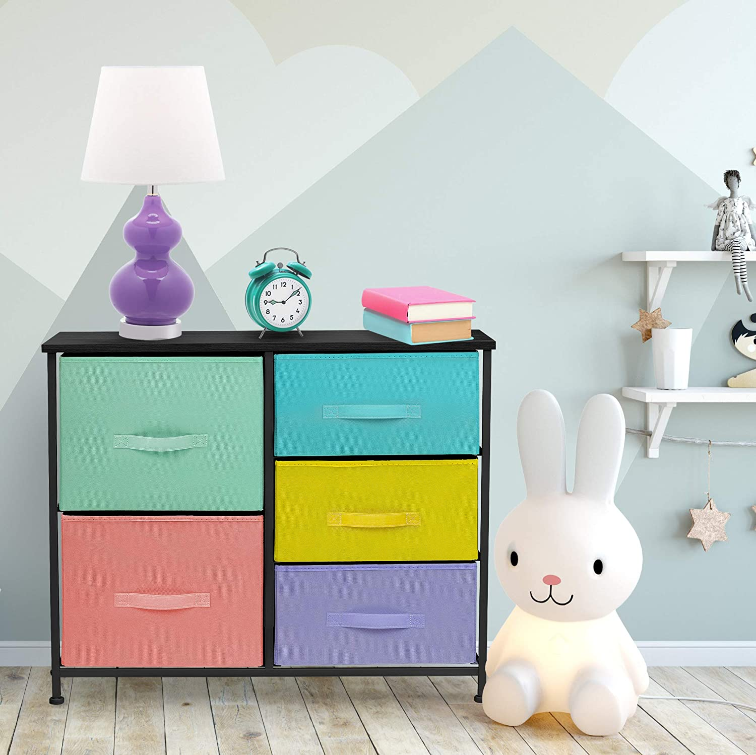 Sorbus Dresser with 5 Drawers - Furniture Storage Tower Unit for Bedroom, Hallway, Closet, Office Organization - Steel Frame, Wood Top, Easy Pull Fabric Bins (5-Drawer Dresser Chest, Pastel/Black)
