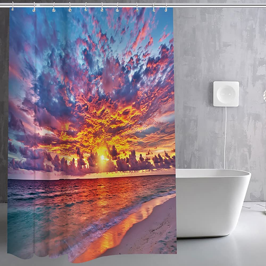 Wallall Beach Sunrise Shower Curtain Seaside Sunset Clouds Bath Curtain Coastal Orange Sun Rays Home Curtain Ocean Landscape Fabric Bathroom Curtains 72X72Inch with 12PCS Hooks