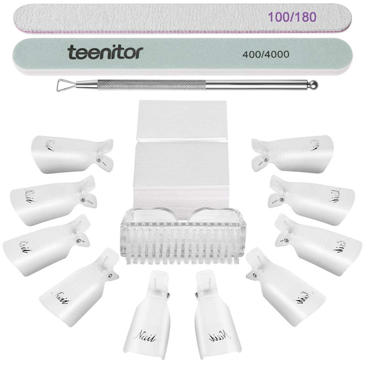 Teenitor Gel Nail Remover Kit With10Pcs Gel Clip Remover, Brush for Nails, Nail Files 100/180, Buffer Block 400/4000, Stainless Steelcuticle Peeler and 115Pcs Lint Free Cotton Pads Nail Wipe Clear