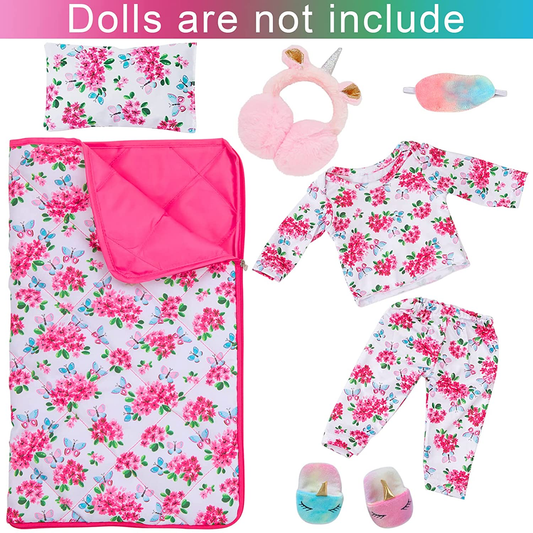 K.T. Fancy 8 PCS American 18 Inch Girl Doll Accessories Sleeping Bag Set Butterfly Flower of Sleeping Bag Clothes Pillow Pink Eye Mask Slipper&Earmuffs