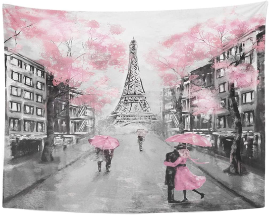 TOMPOP Tapestry Oil Painting Paris European City Landscape France Eiffel Tower Black White Pink Grey Modern Couple under Home Decor Wall Hanging Living Room Girls Bedroom Dorm 60X80 Inches