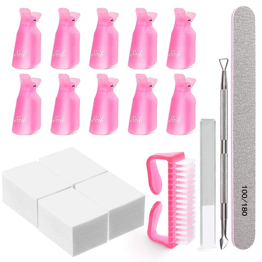 Nail Polish Remover Clips,Morgles Nail Polish Gel Remover Tools Kit with 10Pcs Nail Clips for Polish Removal 300 Nail Remover Pads Cuticle Pusher 100/180 Nail File Glass Nail File Nail Brush,6 Pack
