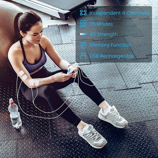 TENS EMS Unit Muscle Stimulator - Four Channel Rechargeable TENS Unit Machine Electronic Pulse Massager 20 Modes with 8 Pads for Pain Relief Therapy