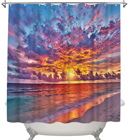 Wallall Beach Sunrise Shower Curtain Seaside Sunset Clouds Bath Curtain Coastal Orange Sun Rays Home Curtain Ocean Landscape Fabric Bathroom Curtains 72X72Inch with 12PCS Hooks
