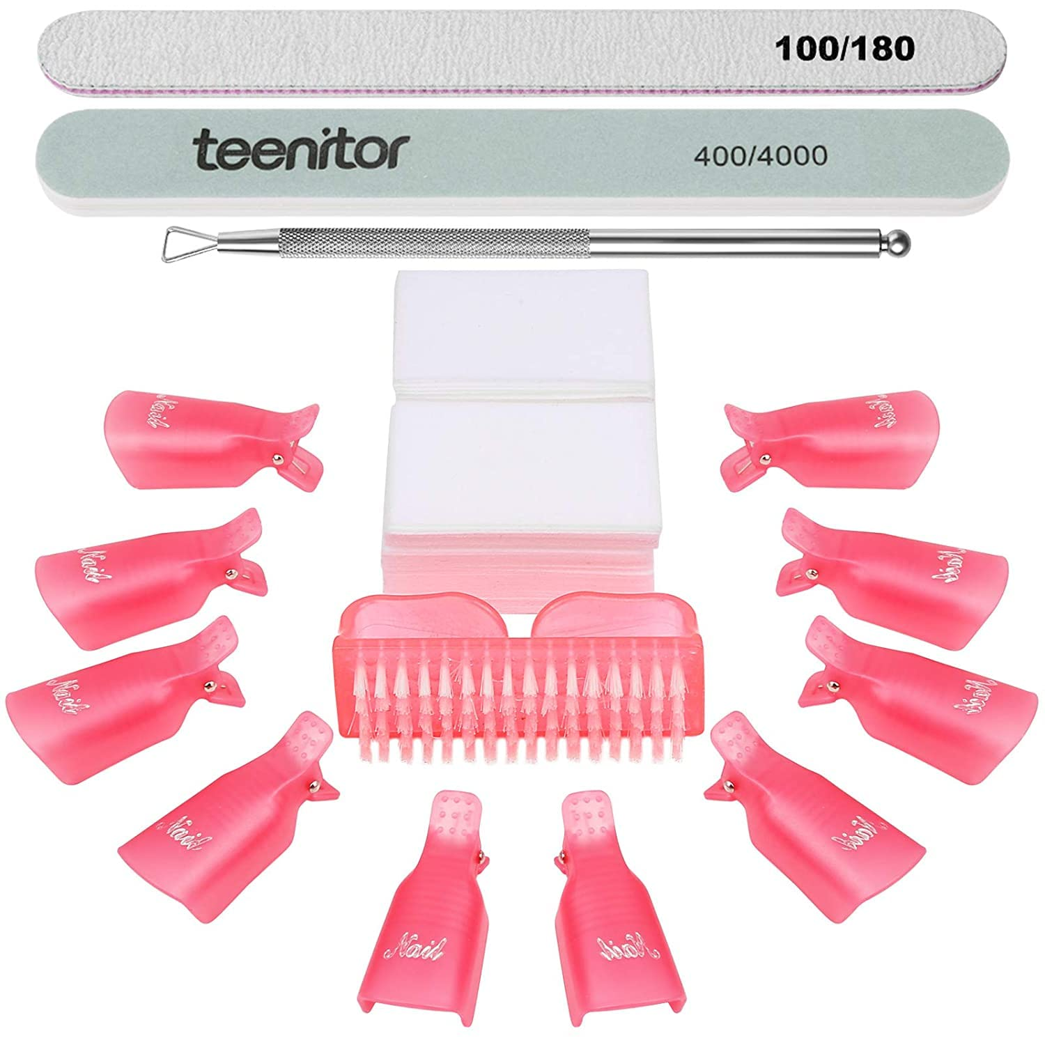 Teenitor Gel Nail Polish Remover Kit with 10Pcs Nail Polish Remover Clips Cap 115Pcs Nail Wipe Cotton Pads Nail Scraper Nail Files and Buffer Bushes - Hot Red