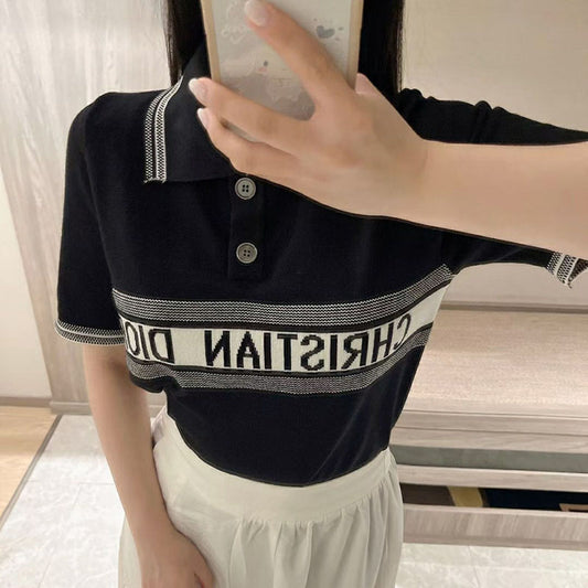 Casual Knitted Sweater Pullover Turn down Collar Short Sleeve Slim Fit