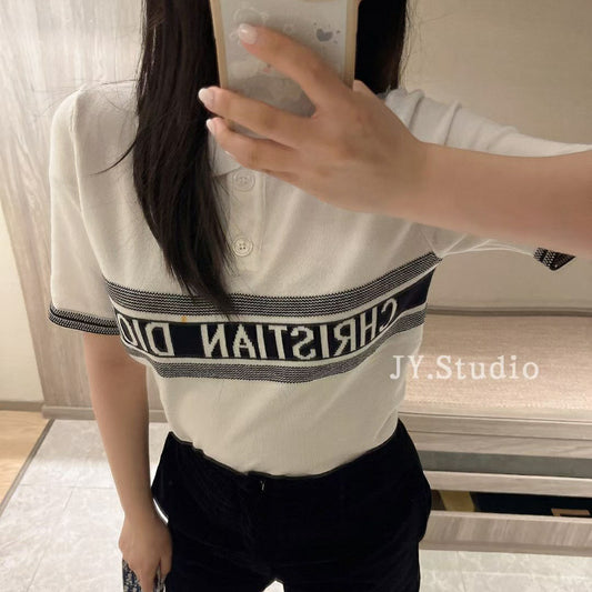 Casual Knitted Sweater Pullover Turn down Collar Short Sleeve Slim Fit