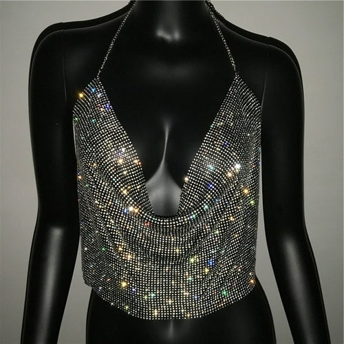 FestivalQueen Brilliant Rhinestone Backless Party Crop Top Women 2019