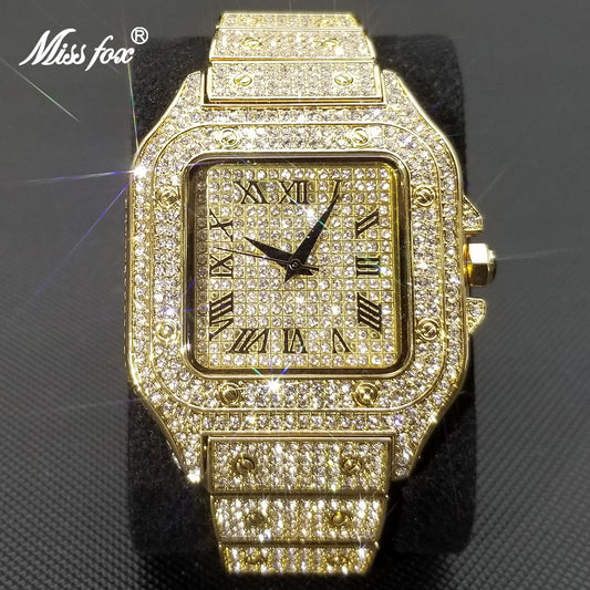 MISSFOX Hip Hop Square Watches for Men Luxury Full Diamond Iced Out