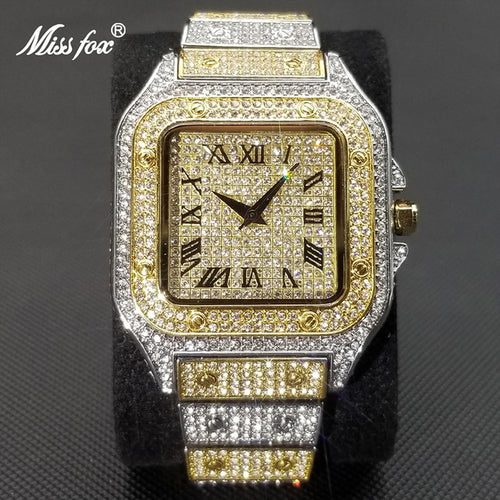 MISSFOX Hip Hop Square Watches for Men Luxury Full Diamond Iced Out