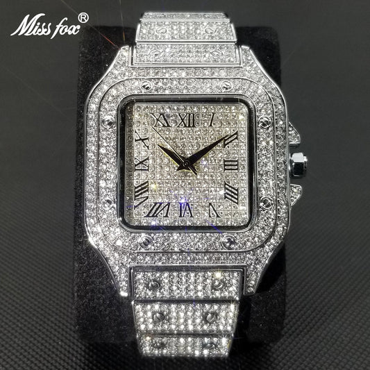 MISSFOX Ice Out Square Watch For Men Top Brand Luxury Full Diamond