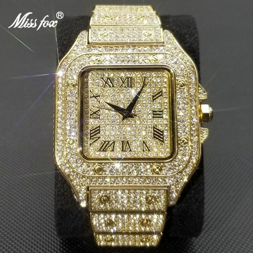 MISSFOX Ice Out Square Watch For Men Top Brand Luxury Full Diamond