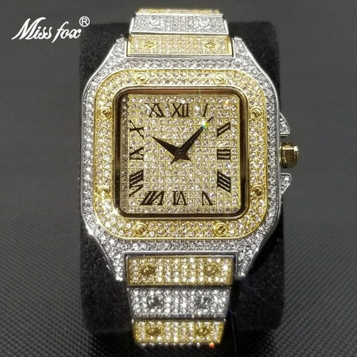 MISSFOX Ice Out Square Watch For Men Top Brand Luxury Full Diamond