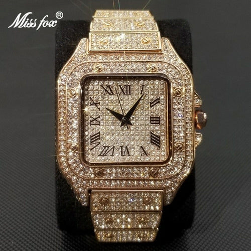 MISSFOX Ice Out Square Watch For Men Top Brand Luxury Full Diamond