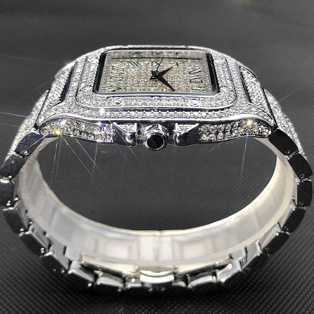 MISSFOX Ice Out Square Watch For Men Top Brand Luxury Full Diamond