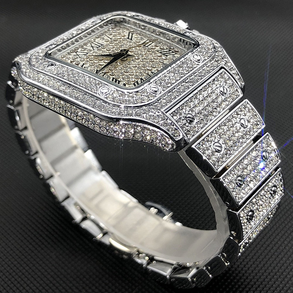 MISSFOX Ice Out Square Watch For Men Top Brand Luxury Full Diamond