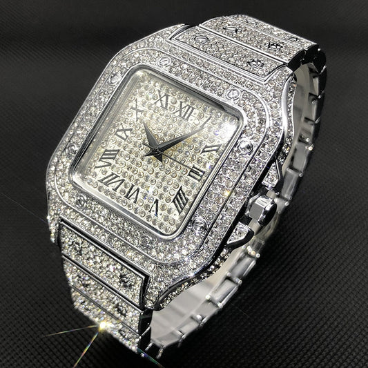 MISSFOX Ice Out Square Watch For Men Top Brand Luxury Full Diamond
