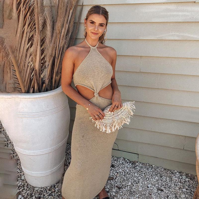 2021 Sexy Vacation Outfits Knitted Halter Maxi Dresses xccscss.