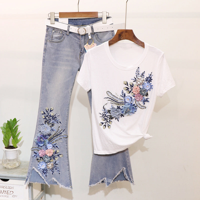 Women Heavy Work Embroidery 3d Flower Tshirts Jeans 2pcs Clothing Sets