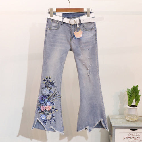 Women Heavy Work Embroidery 3d Flower Tshirts Jeans 2pcs Clothing Sets