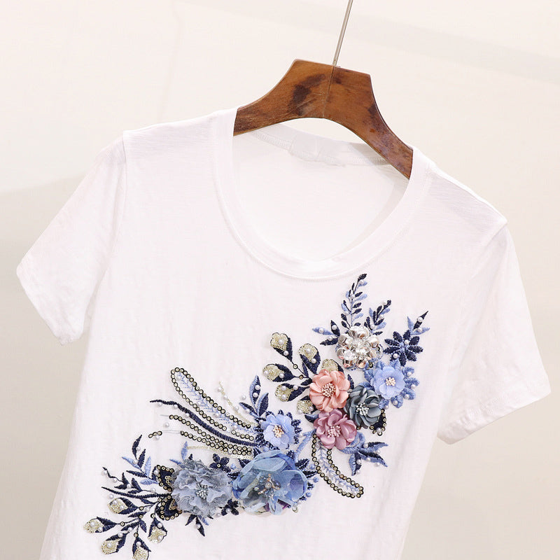 Women Heavy Work Embroidery 3d Flower Tshirts Jeans 2pcs Clothing Sets